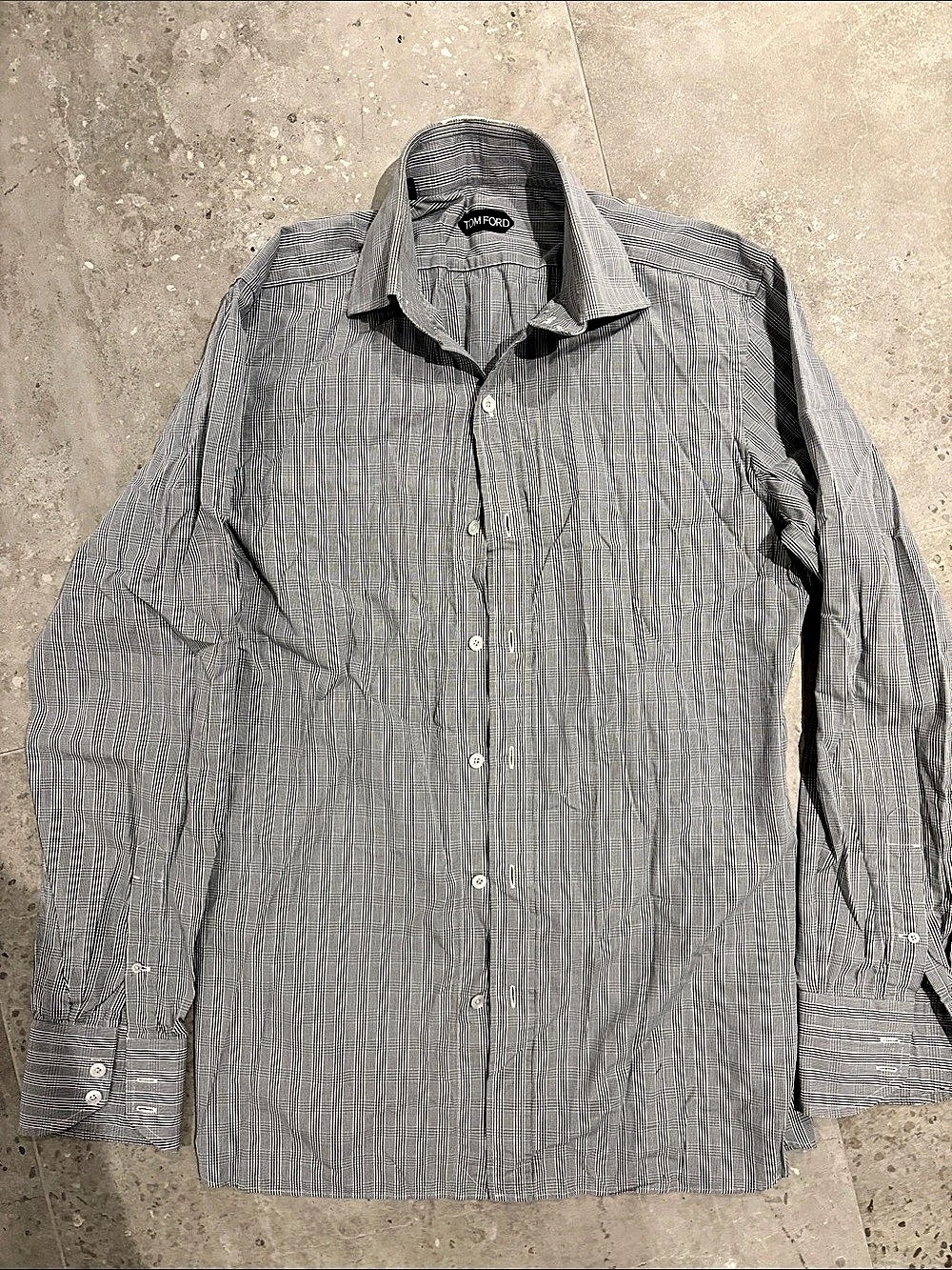 Tom Ford Slim-Fit Cutaway-Collar Houndstooth Cotton Shirt, Gray & White, 39